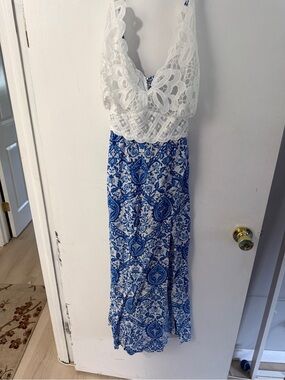 SHEIN White Lace Bodice Blue Patterned Maxi Dress